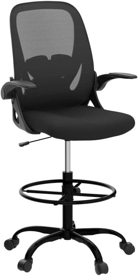 418R6ur1CL._AC_SL1230_.jpg Primy Drafting Chair Tall Office Chair with Flip-up Armrests Executive Ergonomic Computer Standing Desk Chair with Lumbar Support and Adjustable Footrest Ring (Black)