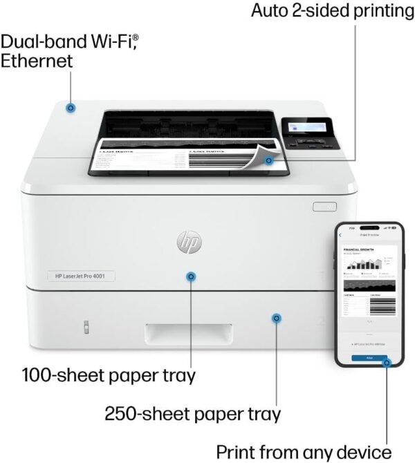 HP LaserJet Pro 4001dw Wireless Black & White Printer, Best-for-Office (2Z601F)