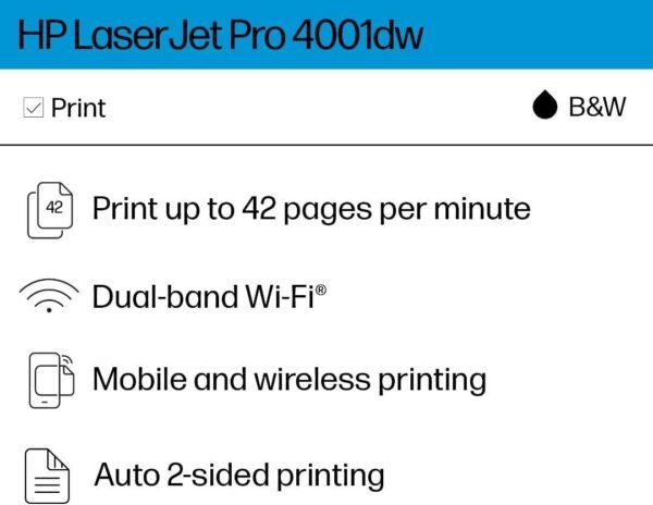 HP LaserJet Pro 4001dw Wireless Black & White Printer, Best-for-Office (2Z601F)