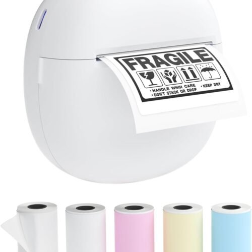 Sticker Printer, Mini Thermal Printer with 5 Rolls Paper ,Inkless Photo Maker for School Supplies & DIY Projects,Bluetooth Connection Portable Sticker Maker for Labels, Photos, and Notes (White)