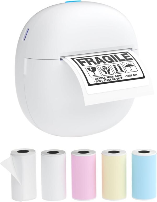 51xpHN19FXL._AC_SL1500_.jpg Sticker Printer, Mini Thermal Printer with 5 Rolls Paper ,Inkless Photo Maker for School Supplies & DIY Projects,Bluetooth Connection Portable Sticker Maker for Labels, Photos, and Notes (White)