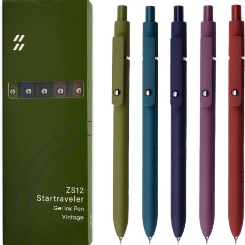 Gel Pens, 5 Pcs 0.5mm Black Ink Pens Fine Point Smooth Writing Pens with Silicone Grip, High-End Series Metal Clip Retractable Pens for Journaling Note Taking (Vintage)