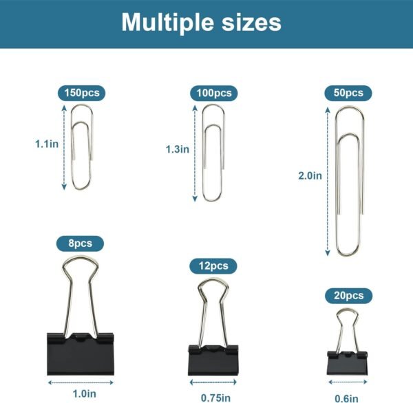 Binder Clips Paper Clips Assorted Sizes, 340pcs Black Binder Clips Jumbo Paperclips Set, Large Paper Clips for Office, School Supplies, Binder & Paper Clips in Container with Compartments