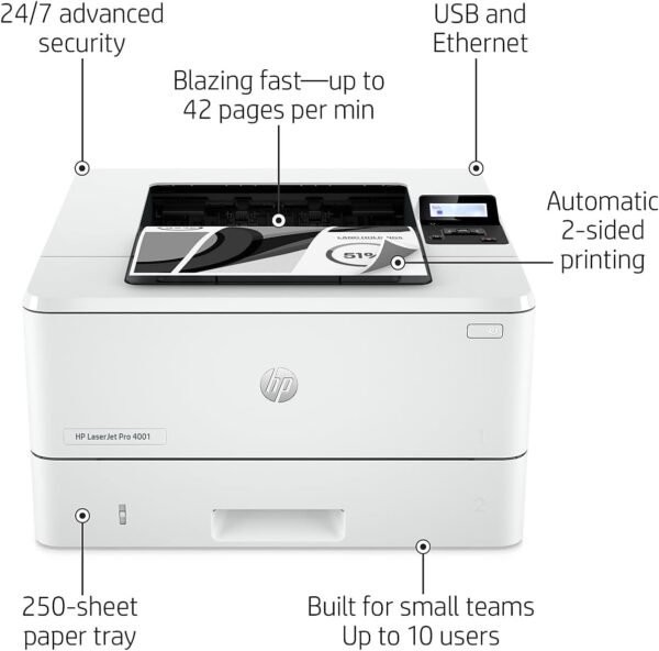 HP LaserJet Pro 4001dn Printer, Print, Fast speeds, Easy setup, Mobile printing, Advanced security, Best-for-small teams, Ethernet/USB only