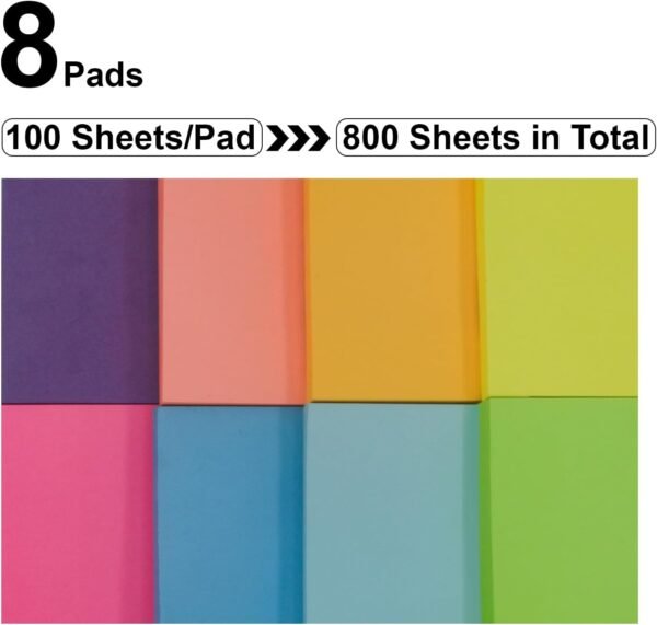Sticky Notes 3x3 Inch, 8 Pack Sticky Pads (100 Sheet/Pad), Bulk Sticky Note Pads, Assorted Multicolor Self-Sticky Notes Pad - Back to School and Office Supplies Blank Desk Note Pads.