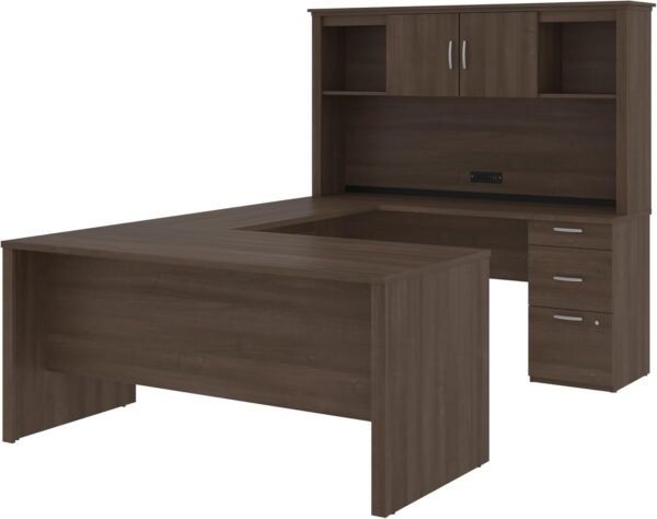 Bestar Logan U or L-Shaped Executive Office Desk with Pedestal and Hutch in Antigua, 66W