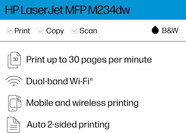 HP LaserJet MFP M234dw Wireless Printer, Print, scan, copy, Fast speeds, Easy setup,(6GW99F) (6GW99F#BGJ) Mobile printing, Best for small teams
