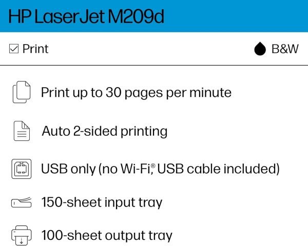 HP LaserJet M209d Laser Printer, Black and White, Automatic Duplex, USB Connection Only (Cable Included), Ideal in Home Office (8J9L0F)