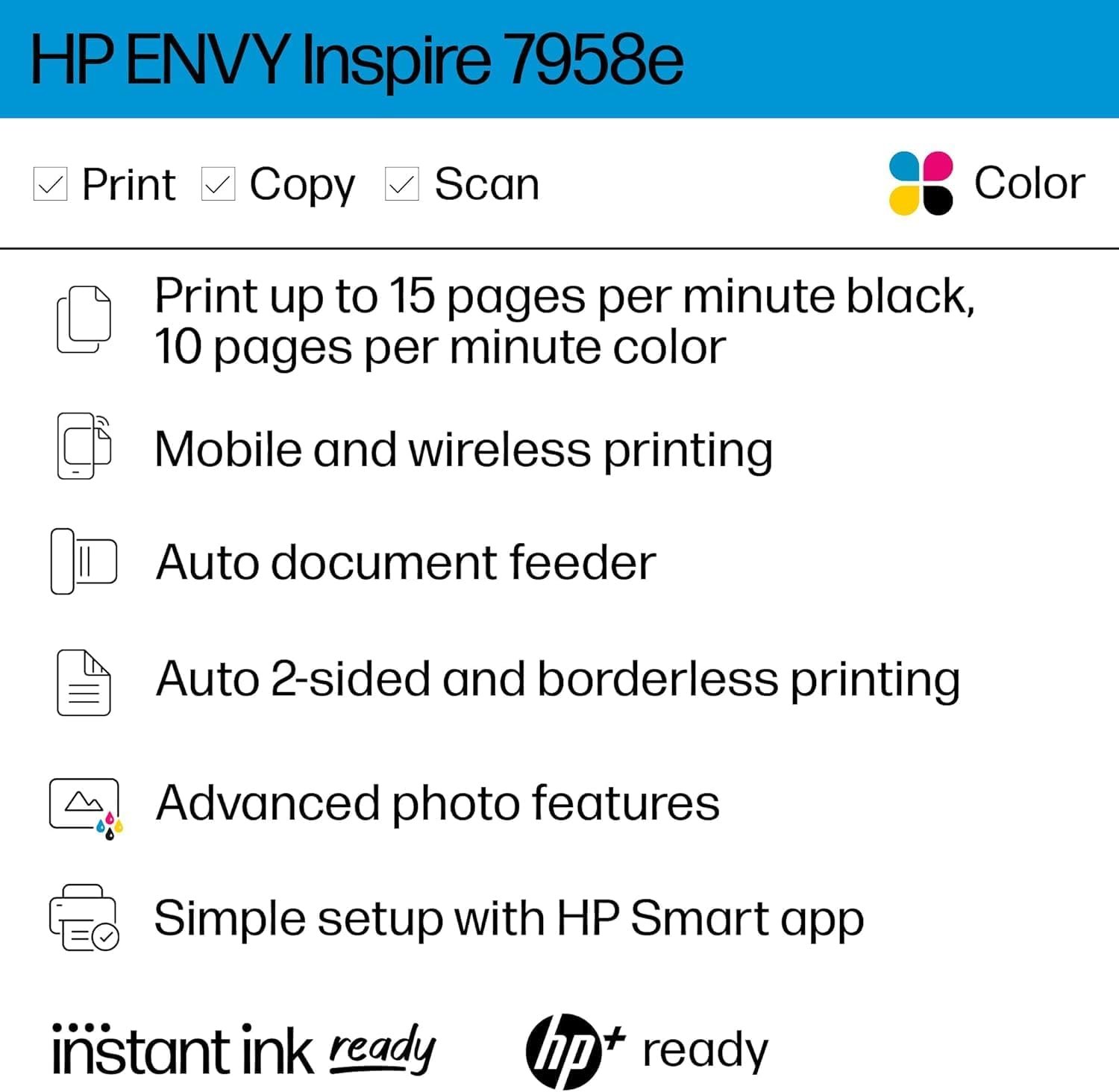 HP ENVY Inspire 7958e Wireless All-in-One Color Inkjet Printer, Print, scan, copy, Duplex printing best-for-home, 3 month Instant Ink trial included (327A7A) - Image 3