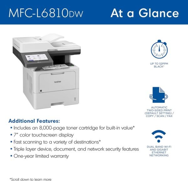Brother MFC-L6810DW Enterprise Monochrome Laser All-in-One Printer, Large Paper Capacity, Wireless Networking, Advanced Security Features, and Duplex Print, Scan, and Copy, Works with Alexa