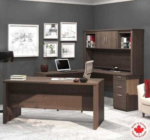 Bestar Logan U or L-Shaped Executive Office Desk with Pedestal and Hutch in Antigua, 66W