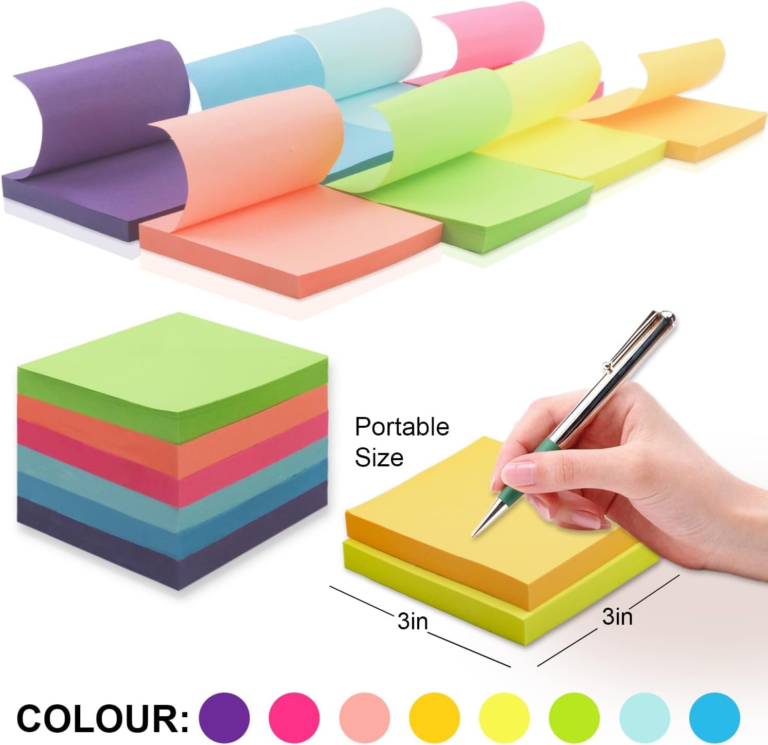 Sticky Notes 3x3 Inch, 8 Pack Sticky Pads (100 Sheet/Pad), Bulk Sticky Note Pads, Assorted Multicolor Self-Sticky Notes Pad - Back to School and Office Supplies Blank Desk Note Pads. - Image 2