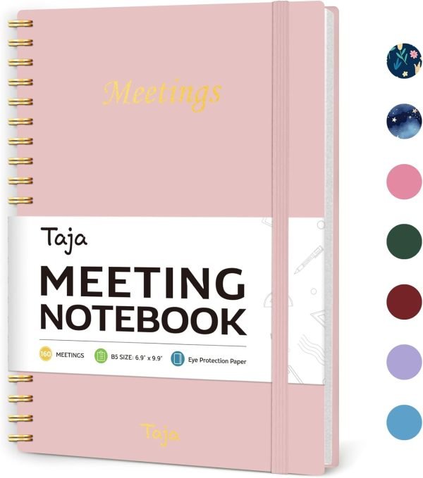 Meeting Notebook for Work Organization - Work Planner Notebook with Action Items, Agenda Planner for Note Taking, 160 Pages (6.9" X 9.9") Project Organizer for Men & Women - Pink