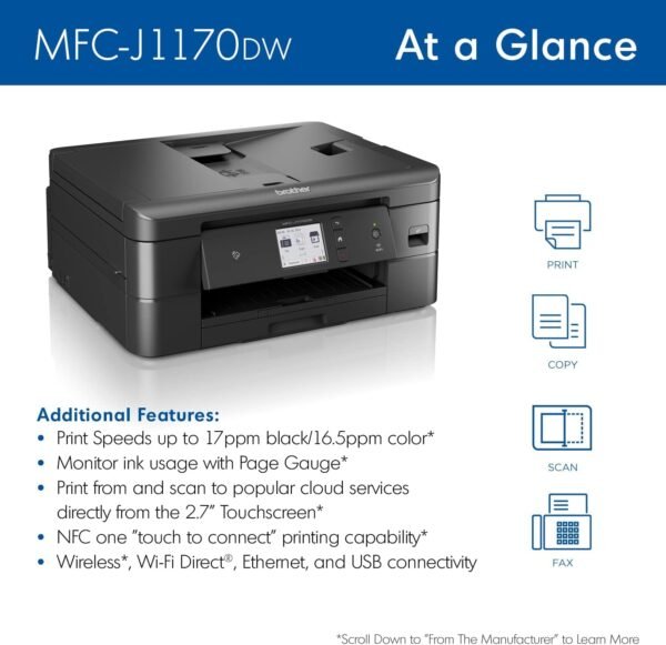 Brother MFC-J1170DW Wireless Color Inkjet All-in-One Printer with Mobile Device Printing, NFC, Cloud Printing & Scanning, Refresh Subscription and Amazon Dash Replenishment Ready
