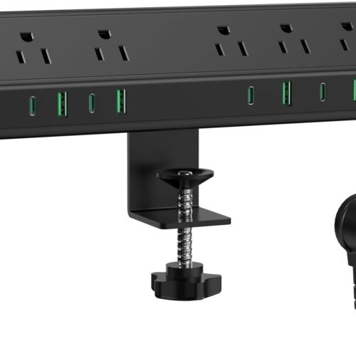 45W Fast Charging Station,Desk Clamp Power Strip,4 PD USB-C Ports,5 AC Outlets,ETL Listed Surge Protector Power Strip, 14AWG Heavy Duty Cord, Fits 1.9" Tabletop Edge (Black, 6 FT Cable)