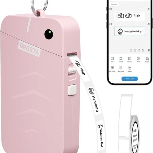 ORGSTA S001 Label Maker Machine with Tape, Portable Bluetooth Label Maker for Home and Office Organization, Thermal Label Printer Mini Label Maker with Multiple Templates, Pink