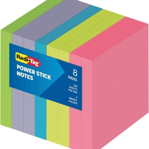 Redi-Tag Sticky Notes, Power Stick Notes, Adhesive Reminders, 3" x 3" Reusable Notes, Strong Adhesive Memos, Assorted Bright Colors, 8 Pack (1000975)