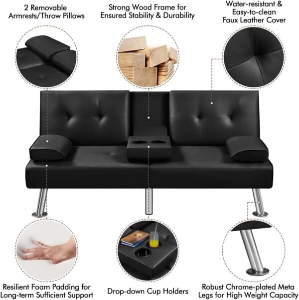 Yaheetech Convertible Sofa Bed Adjustable Couch Sleeper Modern Faux Leather Recliner Reversible Loveseat Folding Daybed Guest Bed, Removable Armrests, Cup Holders, 3 Angles, 772lb Capacity, Black