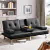 Yaheetech Convertible Sofa Bed Adjustable Couch Sleeper Modern Faux Leather Recliner Reversible Loveseat Folding Daybed Guest Bed, Removable Armrests, Cup Holders, 3 Angles, 772lb Capacity, Black