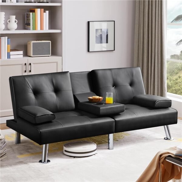 Yaheetech Convertible Sofa Bed Adjustable Couch Sleeper Modern Faux Leather Recliner Reversible Loveseat Folding Daybed Guest Bed, Removable Armrests, Cup Holders, 3 Angles, 772lb Capacity, Black