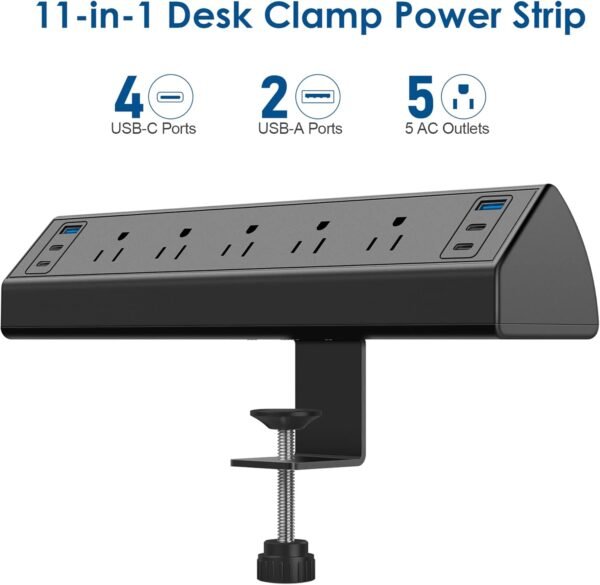 Desk Clamp Power Strip USB C,40W Total Fast Charging Station,4 PD 20W USB C Ports,Desk Edge Mount Power Strip 6 USB Ports 5 AC Outlets Surge Protector,Fit 1.96" Tabletop Edge,ETL Listed