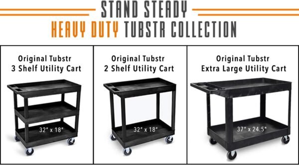 Stand Steady Tubstr 3 Shelf Utility Cart Supports Up to 375 lbs - Heavy-Duty Plastic Service Push Cart with Deep Shelves and 5" Casters, for Offices, Warehouse Storage, Garage (Black, 32 x 18 x 51)