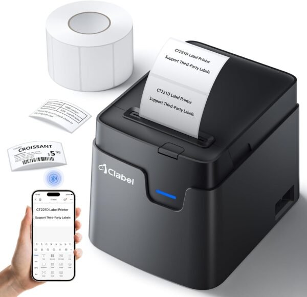 CLABEL Desktop Bluetooth Label Printer CT221D Label Maker Machine with Direct Thermal Printing, 2 Inch Barcode Recepit Sticker Printer for Small Business Address Office with 1 Roll Label