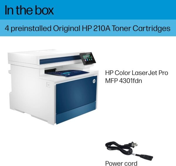 HP Color LaserJet Pro MFP 4301fdn Printer, Print, Scan, Copy, Fax, Fast, Easy setup, Mobile printing, Advanced security, Best-for-small teams. Ethernet & USB only. Not Wireless. 16.6 x 17.1 x 15.1 in.