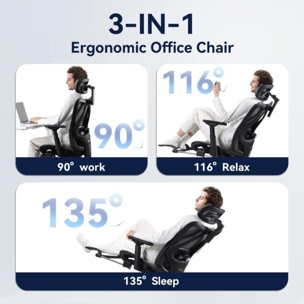 Ergonomic Office Chair, 3-Level Tilt Backrest, 3D Headrest & Armrest and Retractable Footrest, Mesh Breathable SGS Class 4 Gas Clylinder, Dark Grey and Black