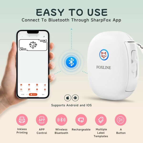 F10 Label Maker Machine with Tape, Portable Bluetooth Thermal Mini Label Printer, Rechargeable Sticker Maker, Inkless Labeler for Home, School, Kitchen, Office Organization, White