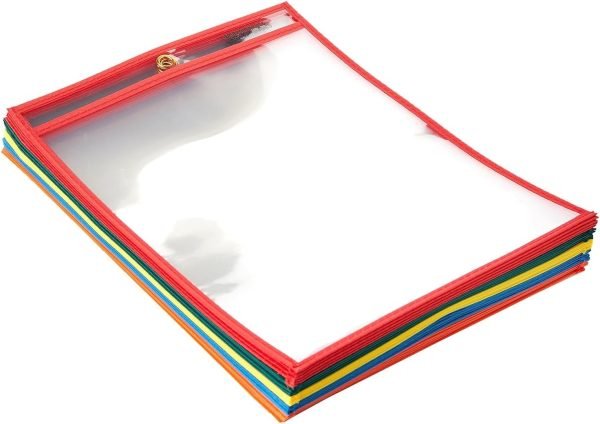Amazon Basics Heavy Duty Dry Erase Ticket Holder Pockets with Clear Plastic Film and Multicolored Fabric Edge, 8.5" X 11", Pack of 25