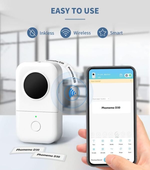 Phomemo D30 Label Maker, Bluetooth Wireless Mini Pocket Smartphone Label Maker Machine, Direct Thermal Printer Rechargeable Labeler for Home Office Labeler, Works with Tablet, Phones