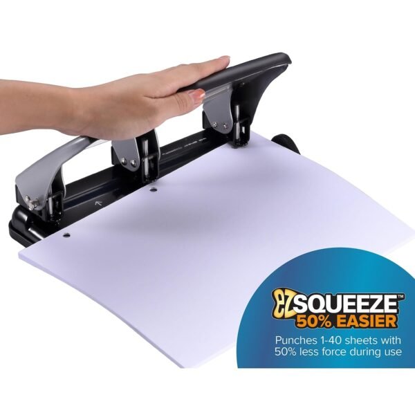 Bostitch Office EZ Squeeze Heavy Duty 3 Hole Punch, 40-Sheet Capacity, Use Less Force, Perfect for Home Office School Supplies, Sleek Design, Silver