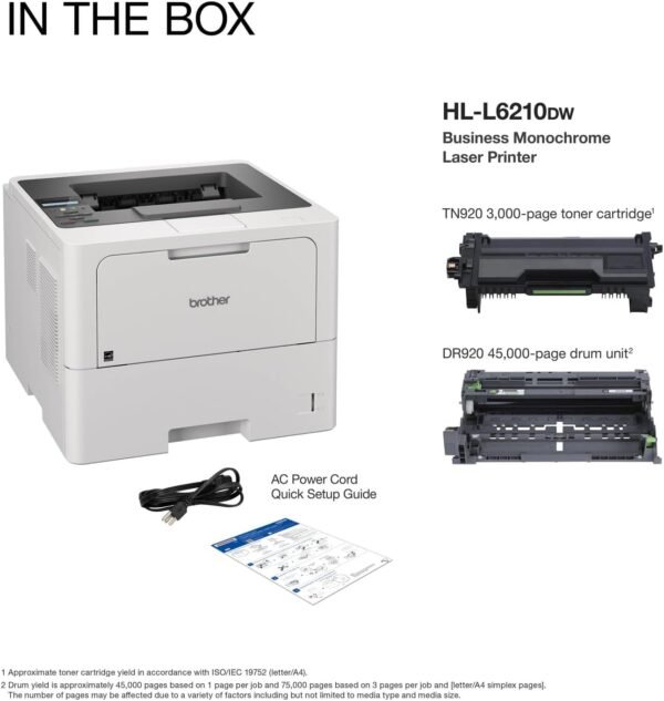 Brother Professional Laser Printer with High-Speed 50 ppm Output, Advanced Security Features, and Wireless Networking for Business, Monochrome Printing with Duplex Capability (HL-6210DW)