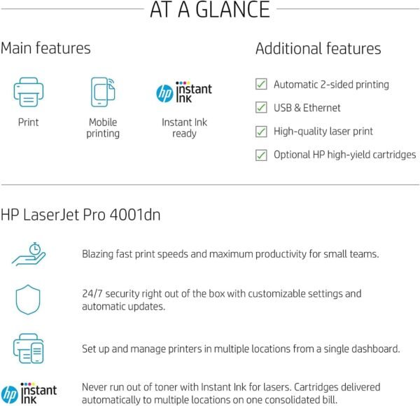 HP LaserJet Pro 4001dn Printer, Print, Fast speeds, Easy setup, Mobile printing, Advanced security, Best-for-small teams, Ethernet/USB only