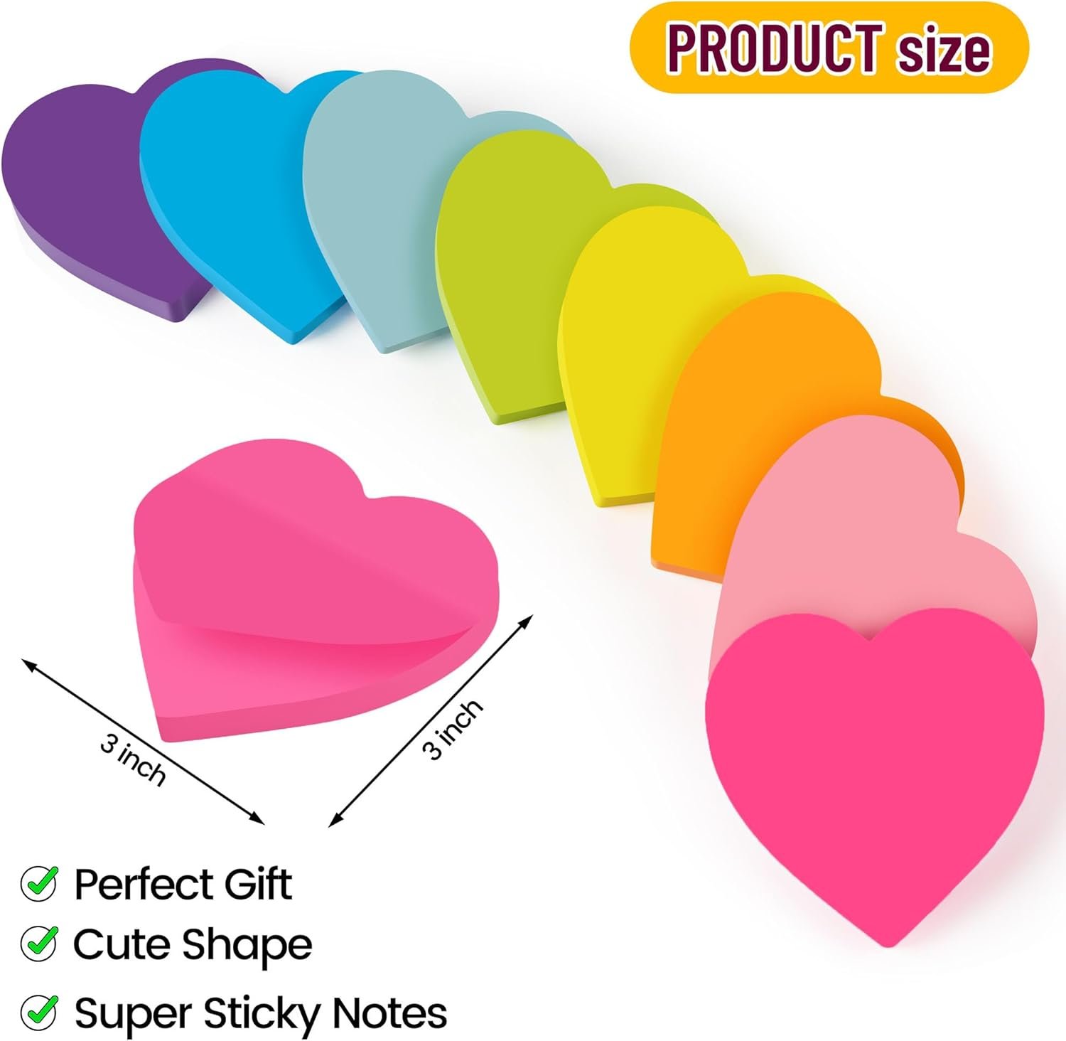 Heart Sticky Notes 3x3 in, 8 Pads, Super Cute Bright Color Strong Adhesive Post, Clean Removal, 82 Sheets/pad - Image 2