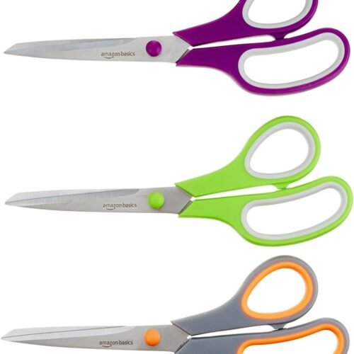 Amazon Basics Stainless Steel Scissors for Office, Crafts, Multipurpose, Sharp, Comfort Grip, PVD Coated, 3 Pack, Multicolor