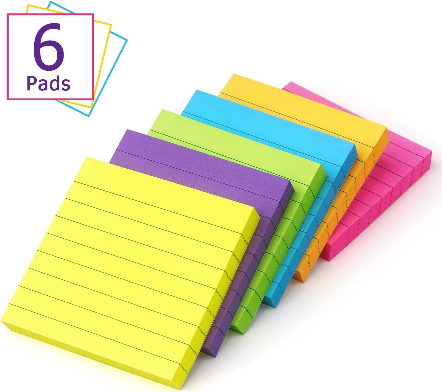 6 Pads Lined Sticky Notes 3x3 Sticky Notes with Lines Self-Stick Note Pads 6 Bright Multi Colors,100 Sheet/Pad - Image 2