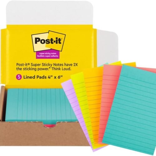 Post-it Super Sticky Lined Notes, 5 Sticky Note Pads, 4 x 6 in, School Supplies, Office Products, Sticky Notes for Vertical Surfaces, Bright Colors, Blue, Green, Yellow, Pink and Lilac
