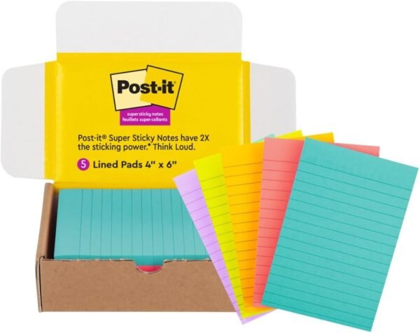 Post-it Super Sticky Lined Notes, 5 Sticky Note Pads, 4 x 6 in, School Supplies, Office Products, Sticky Notes for Vertical Surfaces, Bright Colors, Blue, Green, Yellow, Pink and Lilac