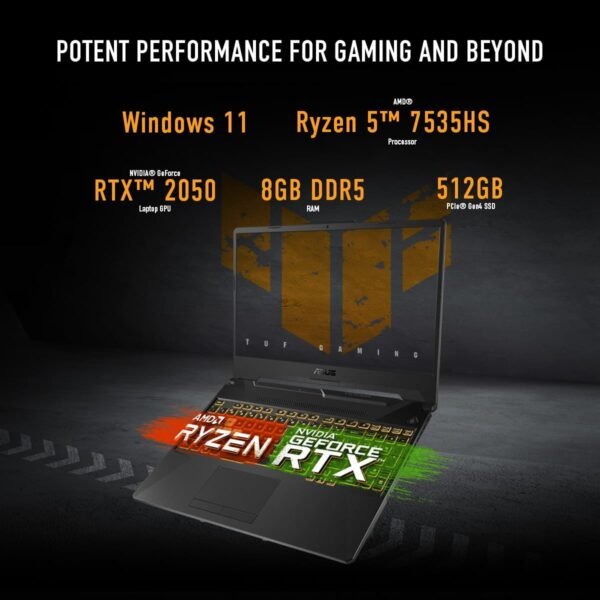 61jkTDoKABL._AC_SL1200_.jpg ASUS TUF Gaming A15 Gaming Laptop, 15.6” FHD 144Hz Display, NVIDIA® GeForce RTX™ 2050, AMD Ryzen™ 5 7535HS, 8GB DDR5, 512GB PCIe® Gen4 NVMe™ SSD, Wi-Fi 6, Windows 11, FA506NF-ES51