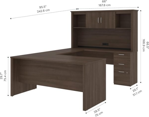 Bestar Logan U or L-Shaped Executive Office Desk with Pedestal and Hutch in Antigua, 66W