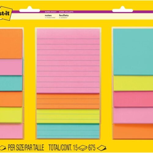 Post-it Super Sticky Lined Notes, 15 Sticky Note Pads, Multi-Size., School Supplies, Office Products, Sticky Notes for Vertical Surfaces, Monitors, Walls and Windows, Supernova Neons Collection