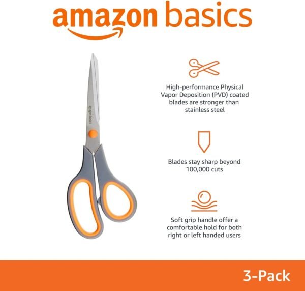 Amazon Basics Stainless Steel Scissors for Office, Crafts, Multipurpose, Sharp, Comfort Grip, PVD Coated, 3 Pack, Multicolor