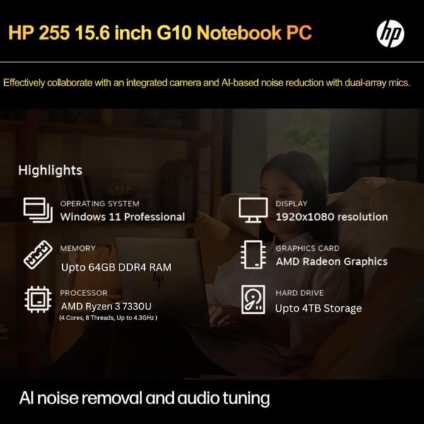 hp 255 G10 Laptop for Home or Work, 64GB RAM, 1TB SSD, 15.6" Full HD, Ryzen 3 7330U (Beat Intel i5-1135G7), HDMI, USB-C, Windows 11 Pro, Business and Fun Ready