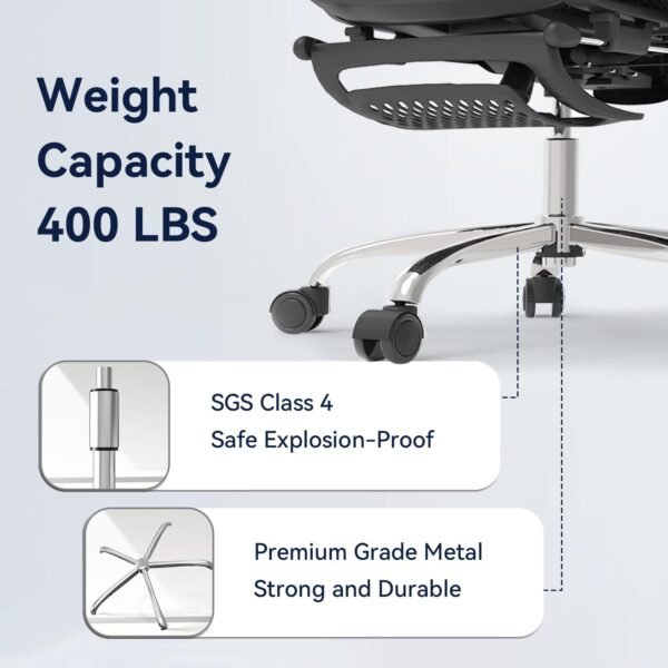 Ergonomic Office Chair, 3-Level Tilt Backrest, 3D Headrest & Armrest and Retractable Footrest, Mesh Breathable SGS Class 4 Gas Clylinder, Dark Grey and Black