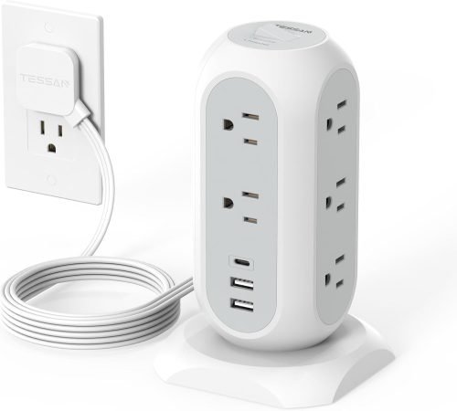 Tower Power Strip Flat Plug with 11 Outlets 3 USB (1 USB C), TESSAN Surge Protector Tower 1625W/13A,1050J Protection, 6 Feet Extension Cord with Multiple Outlets, Office Desk Supplies, Dorm Essentials