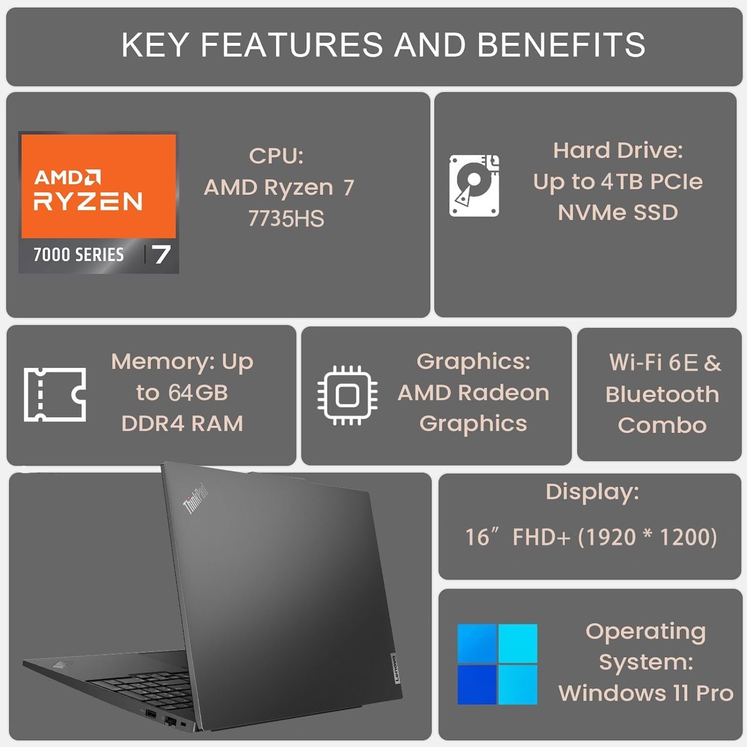 Lenovo ThinkPad E16 G2 Business Laptop Computer, 16" FHD+, AMD 8-Core Ryzen 7 7735HS (Beat i7-1360P), 32GB DDR5, 1TB PCIe SSD, WiFi 6E, Fingerprint Reader, Backlit Keyboard, Windows 11 Pro, AZ-XUT - Image 2