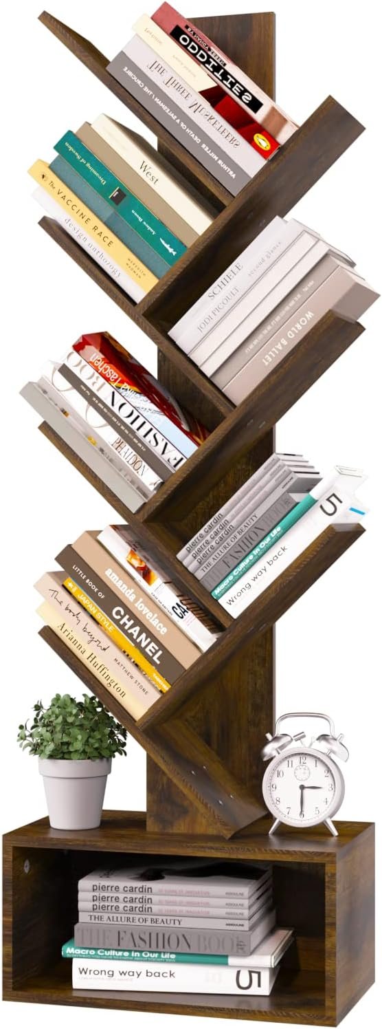 Yoobure Tree Bookshelf - 6 Shelf Retro Floor Standing Bookcase, Tall Wood Book Storage Rack for CDs/Movies/Books, Utility Organizer Shelves Bedroom, Living Room, Home Office, Rustic Brown