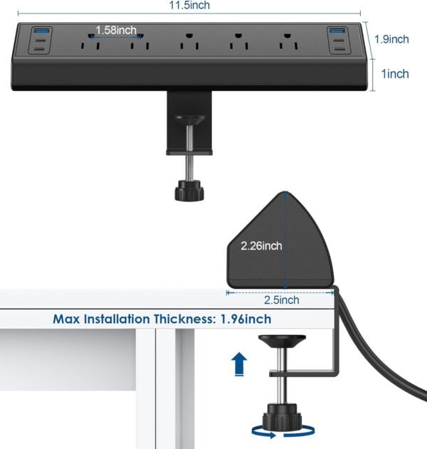 Desk Clamp Power Strip USB C,40W Total Fast Charging Station,4 PD 20W USB C Ports,Desk Edge Mount Power Strip 6 USB Ports 5 AC Outlets Surge Protector,Fit 1.96" Tabletop Edge,ETL Listed
